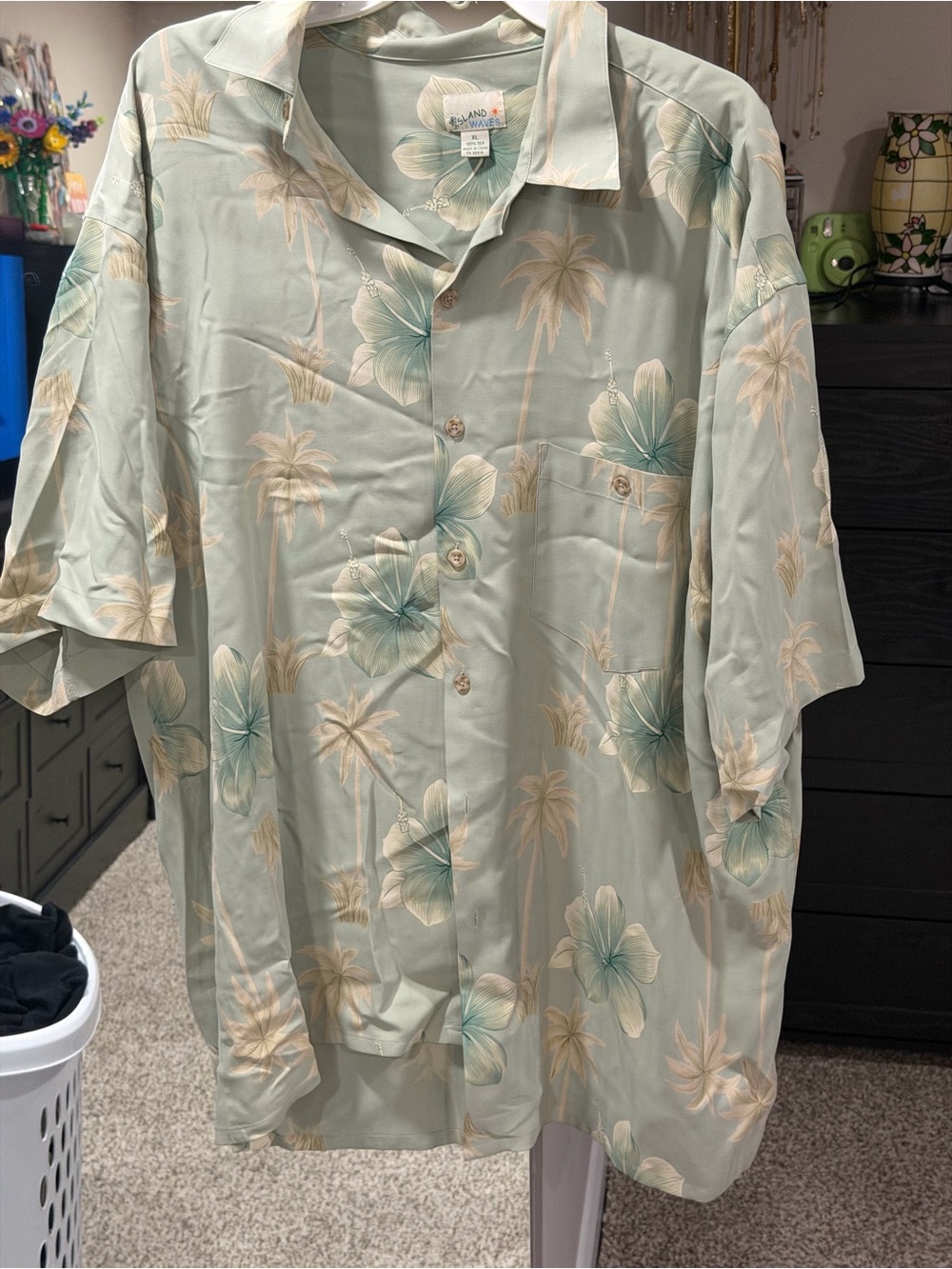 Island Life Light Green Floral Camp Collar Button-Down Shirt
